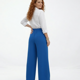 Pantalón ancho azul con diseño cruzado frontal efecto falda y cintura alta, elegante y llamativo para fiestas, grados y matrimonios en Colombia