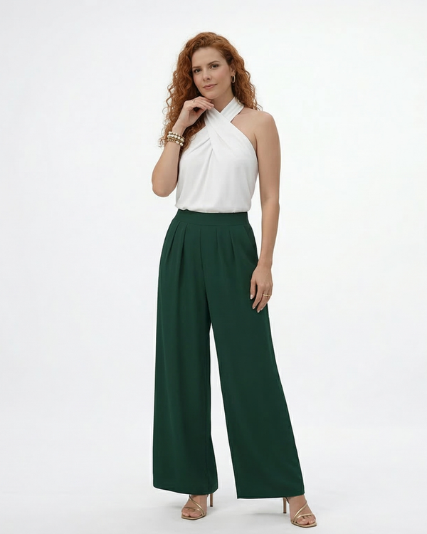 Pantalón palazzo verde cintura alta con pinzas frontales y tela fluida, sofisticado para fiestas, matrimonios y salidas elegantes en Colombia