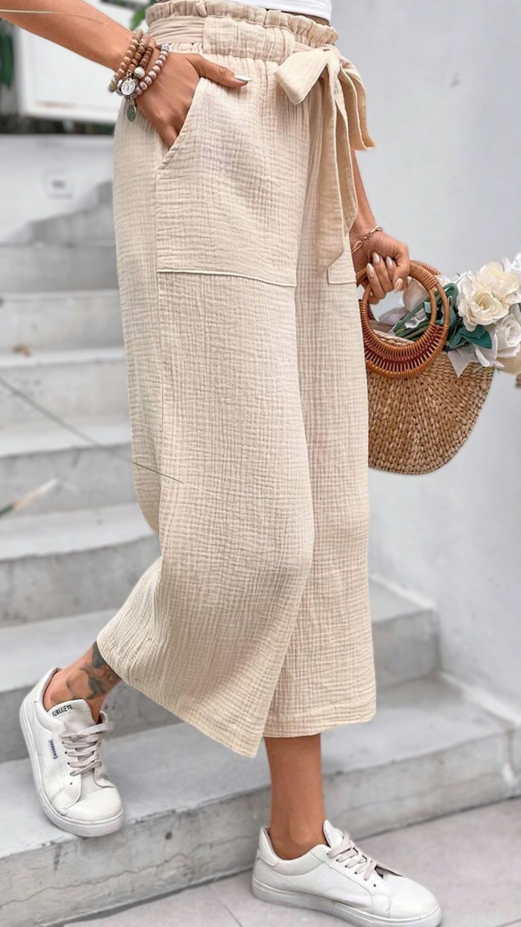 Pantalon largo, pantalón pierna ancha, pantalones comodos, pantalones frescos, pantalones casuales, pantalones crema, pantalones beige,