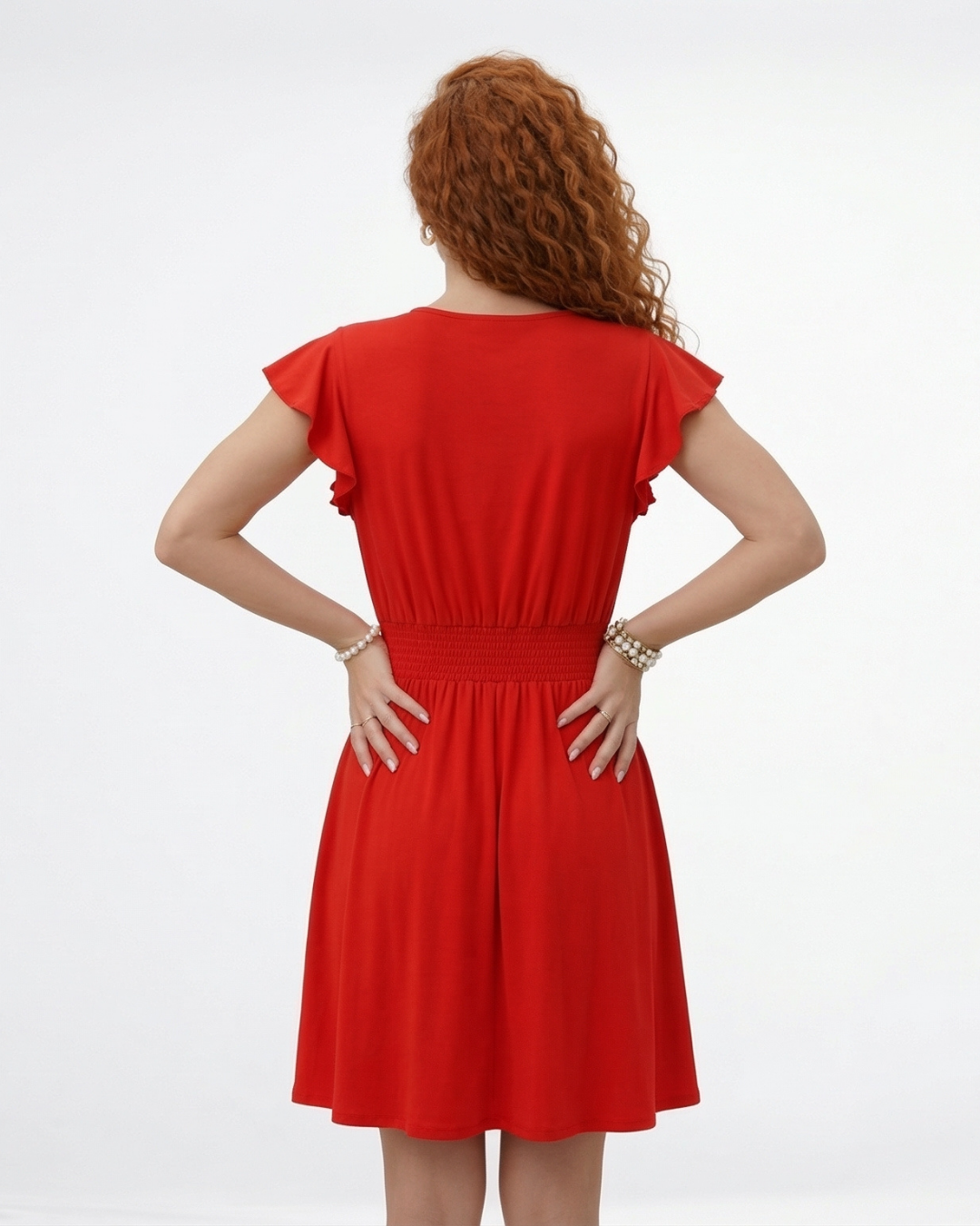 Vestido corto rojo con escote en V cruzado, manga volante y cintura elástica fruncida, ideal para fiestas, citas románticas y eventos especiales