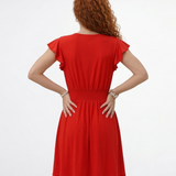 Vestido corto rojo con escote en V cruzado, manga volante y cintura elástica fruncida, ideal para fiestas, citas románticas y eventos especiales