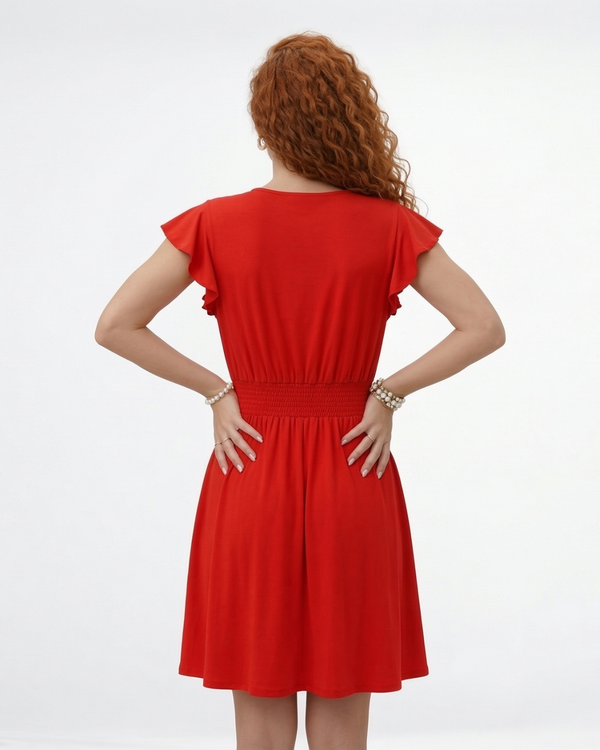 Vestido corto rojo con escote en V cruzado, manga volante y cintura elástica fruncida, ideal para fiestas, citas románticas y eventos especiales
