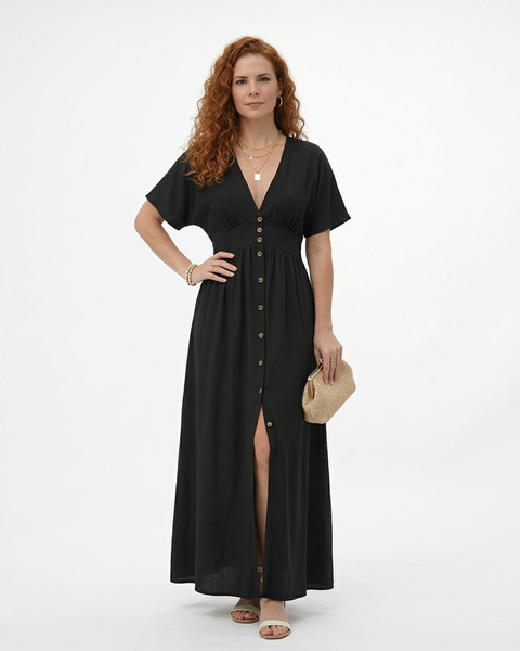 Vestido largo negro con escote en V profundo, botones al frente, manga corta y abertura en la falda, elegante y versátil para eventos formales y salidas de noche
