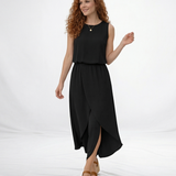 Vestido largo negro sin mangas cuello redondo con falda cruzada y abertura frontal, clásico y elegante para fiestas, grados y eventos en Colombia