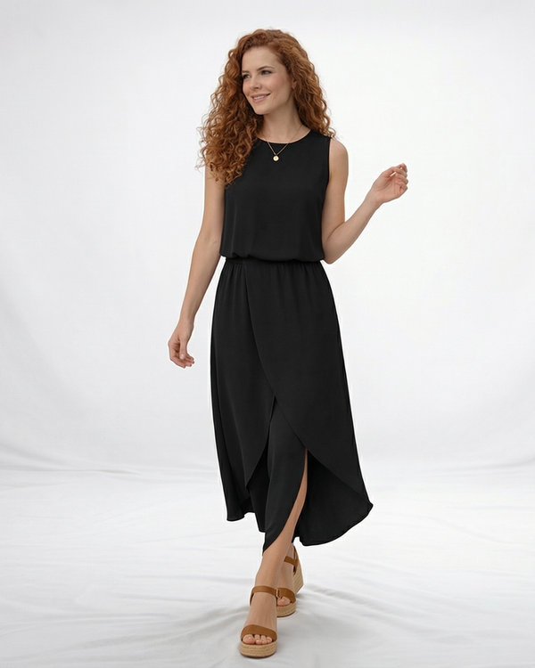 Vestido largo negro sin mangas cuello redondo con falda cruzada y abertura frontal, clásico y elegante para fiestas, grados y eventos en Colombia