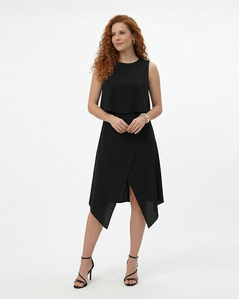 Vestido midi negro sin mangas con cuello redondo, capa superior suelta y falda asimétrica cruzada con punta, elegante y moderno para eventos formales y salidas de noche